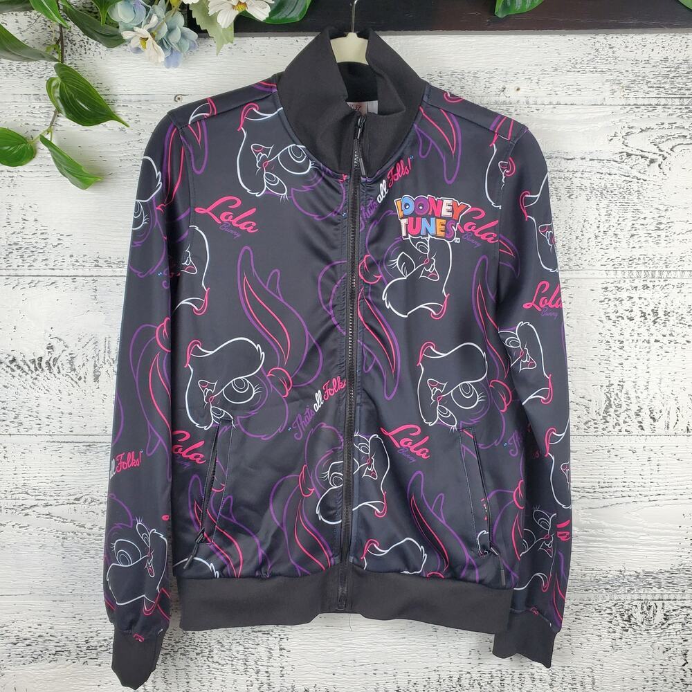 Looney Tunes Lola Bunny Bomber Jacket M Black Pink Purple Satin Windbreaker